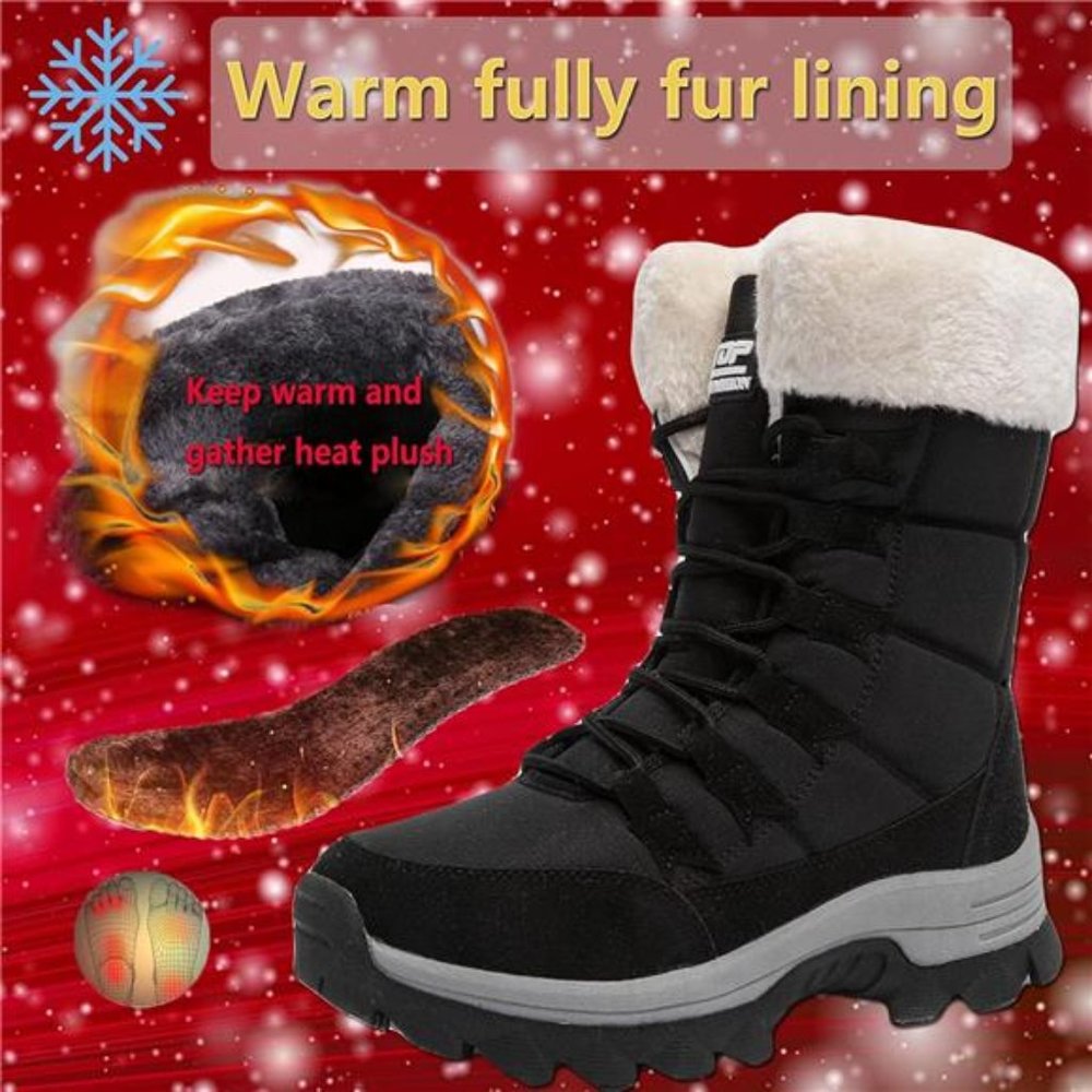 Women's Snow Boots Fur Lined Lace up Mid Calf Anti-Slip Winter Boots, Black/Gray - Picture 2 of 6